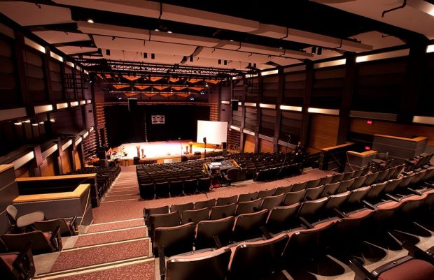 Oscar Peterson Concert Hall, view from back of the theatre looking down towards the stage