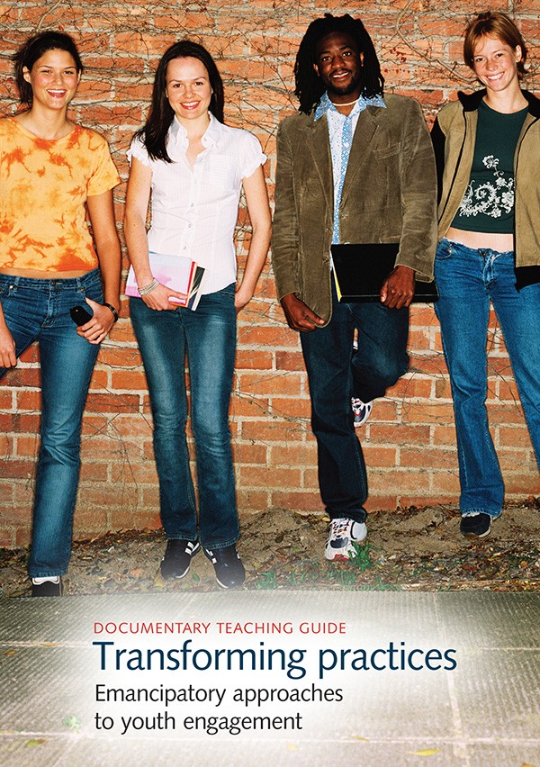 Teaching guide cover showing three women and a man leaning on a brick wall, smiling
