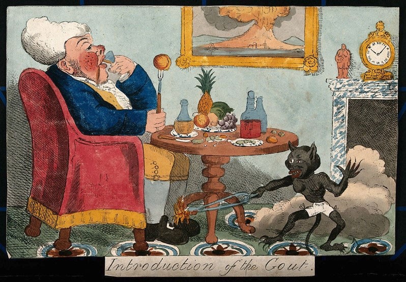 Illustration: A demon pokes a hot poker on the legs of an 18th century man eating at a table. The image caption reads: Introduction of the Gout"