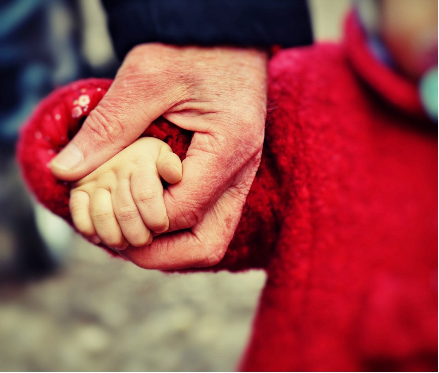 An elderly person's hand holds a small child's hand 