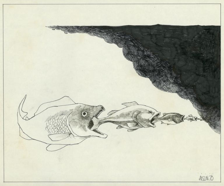 Illustration of a series of fish pursuing each other, each one smaller than the next