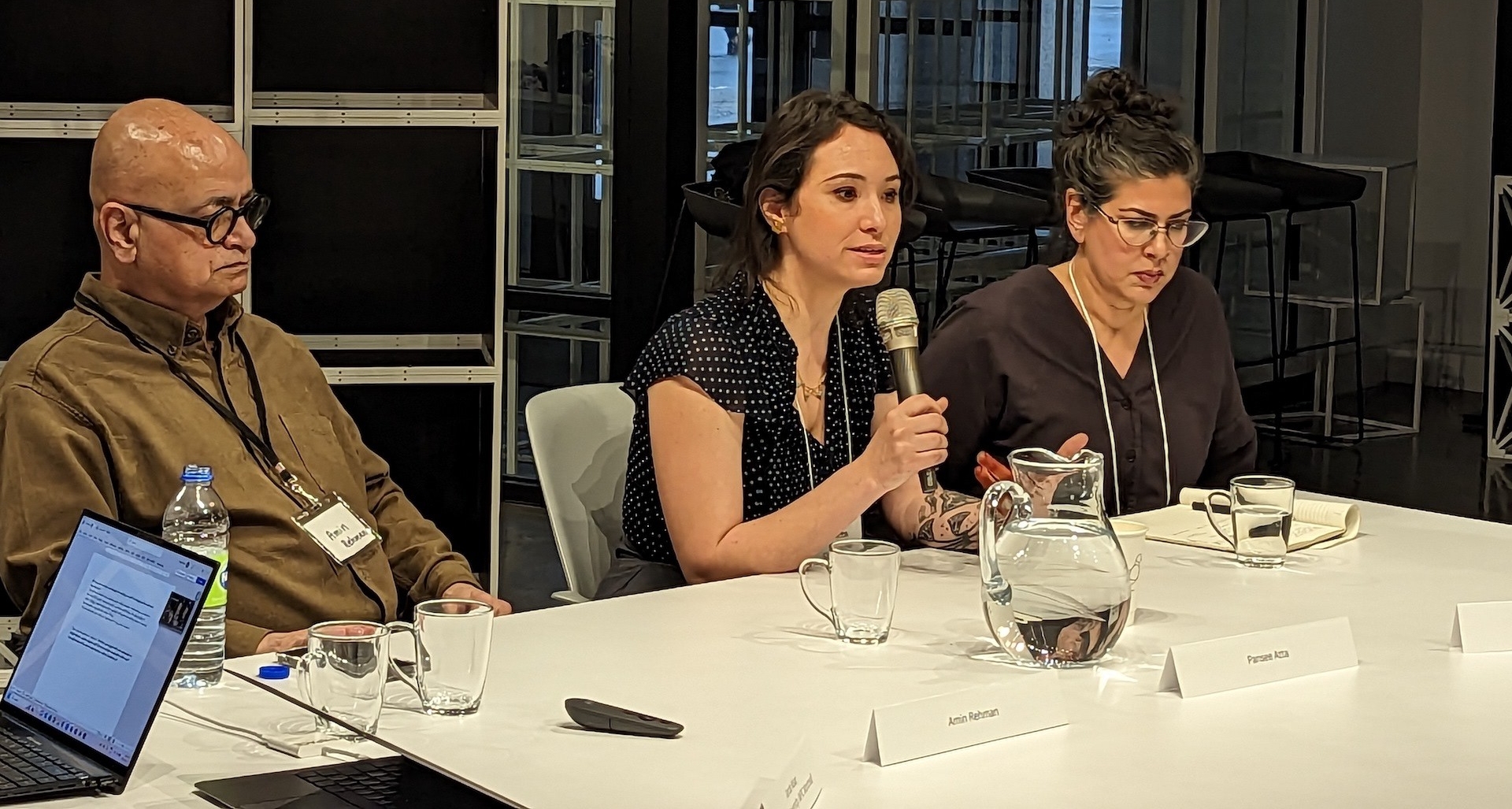 Three members of the South-South working group present at a conference panel. 