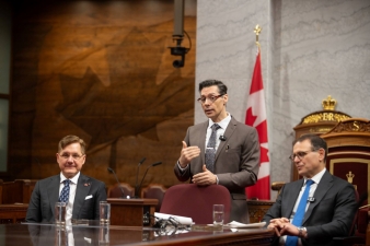Senators Housakos and Loffreda discussing with Dr. Noce in the Senate of Canada.