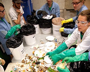 A photo of people wearing protective eyewear, rubber gloves, and lab coats sorting waste as part of a waste audit