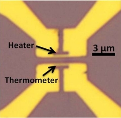 Optical image of micron scale heater and thermometers on a graphene flake
