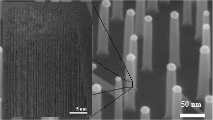 Left panel, high-resolution TEM image of a Si-NW crystal's structure showing stacking faults along the growth direction. Right panel, SEM image of our Si-NWs grown by the VLS method (O. Moutanabbir)
