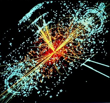 Simulated Large Hadron Collider CMS particle detector data depicting a Higgs boson produced by colliding protons decaying into hadron jets and electrons. Credit: CERN.
