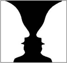 Black and white graphic that depicts a black vase or two faces depending on the viewer's perspective.