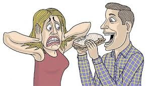 cartoon graphic depicting a man biting into a sandwich and a woman covering her ears