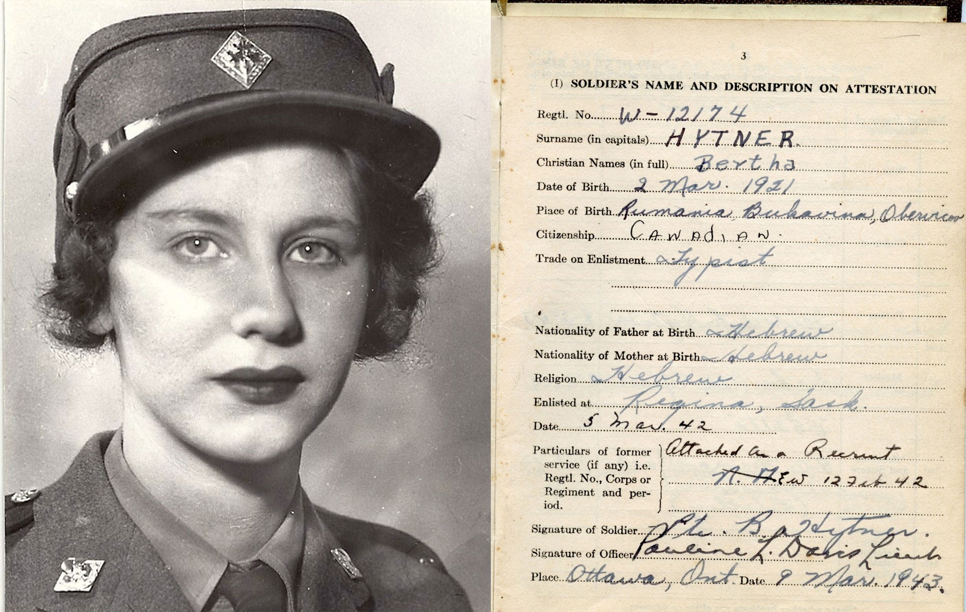 Canadian Armed Forces record for Bertha Hytner from Regina, Saskatchewan, 1942.