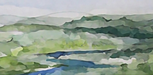 Watercolour image of mountainous landscape with a river running through it.