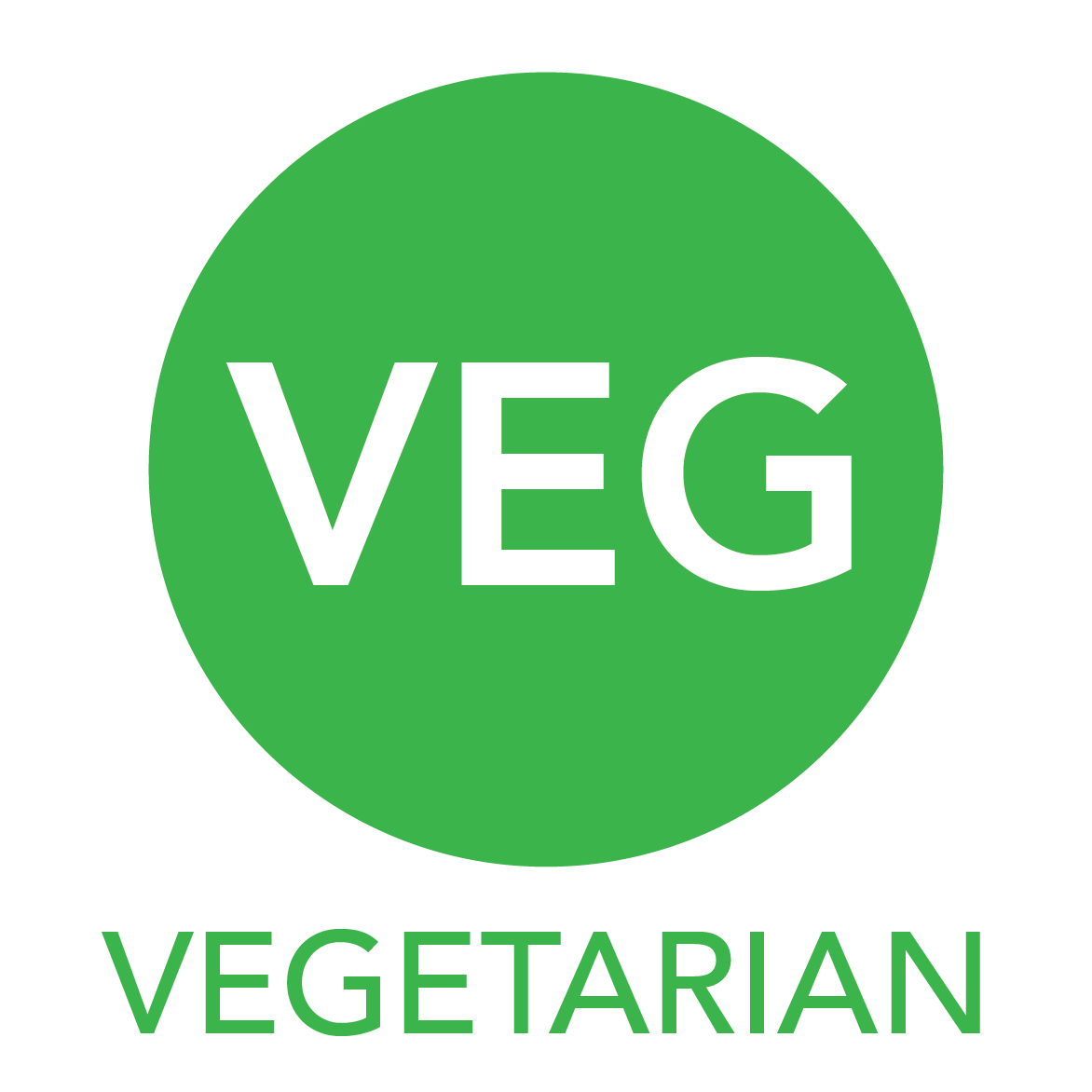 the letters "veg" in a dark green circle, means "vegetarian"