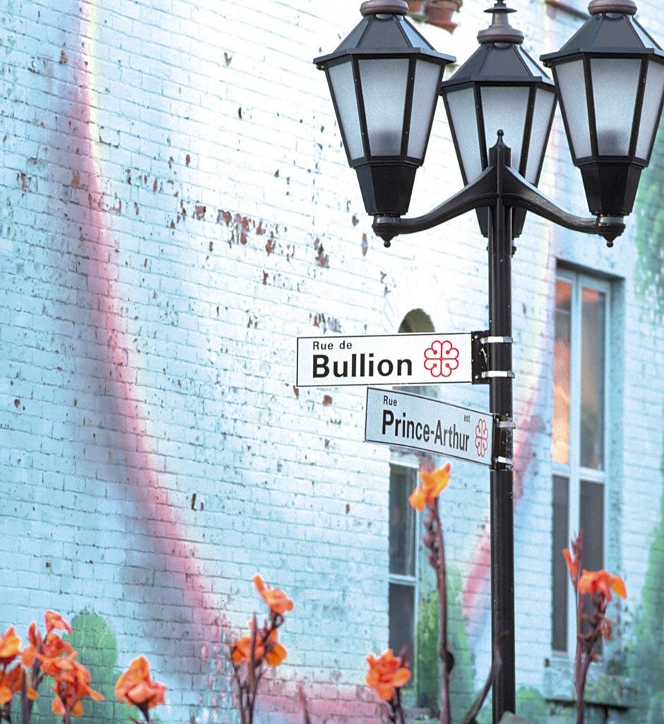 A mural of flowers on a building at the corner of Rue de Bullion and Rue Prince-Arthur