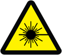 Yellow triangular warning sign with a black laser beam symbol, indicating laser radiation.
