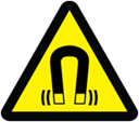 Yellow and black warning sign with a magnet icon, indicating strong magnetic field.