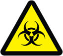 Yellow triangular biohazard warning sign with a black border and a biohazard symbol in the centre.