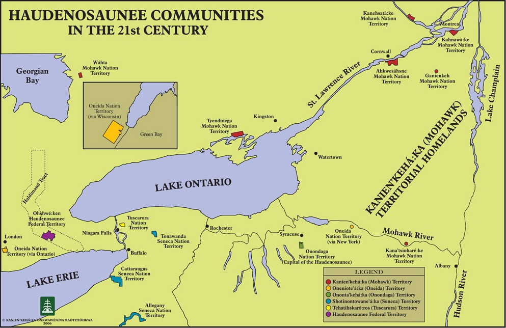 Map of the many Haudenosaunee communities in the 21st century across from Lake Erie to Tiothtià:ke and along the Saintt Lawrence River.