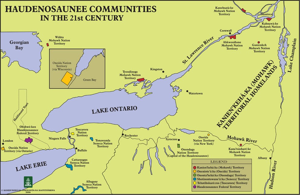 Haudenosaunee communities in the 21st century Map of the many Haudenosaunee communities in the 21st century across from Lake Erie to Tiothtià:ke and along the Saintt Lawrence River.