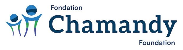 Logo of the Chamandy Foundation with the text Chamandy Foundation on the right side and two standing graphic design figure objects on the right side