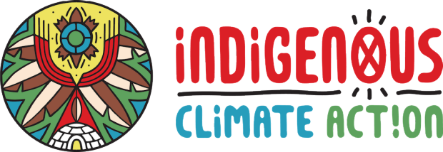 Logo for the Indigenous Climate Action showing the text words Indigenous Climate Action on the right and a graphic design circle in colour with igloo at the bottom, turtle image at the top which is encircled by feathers.