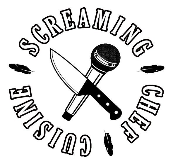 Logo graphic Screaming Chef showing a microphone and kitchen chef's knife across each other in the middle of circular teaching, Screaming Chef Cuisine.