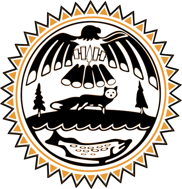 Logo graphic Kahnawà:ke Environment Protection Office (KEPO) showing illiustration of an eagle in the top part with a fox on land in the middle and a fish beneath.