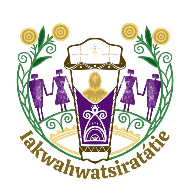 Logo graphic for Iakwahwatsiratátie showing five figured standing and holding hands within a horizontal semicircle with long plant stalks and spiral flower at the top. The text, Iakwahwatsiratátie is shown across the bottom of the graphic.  
