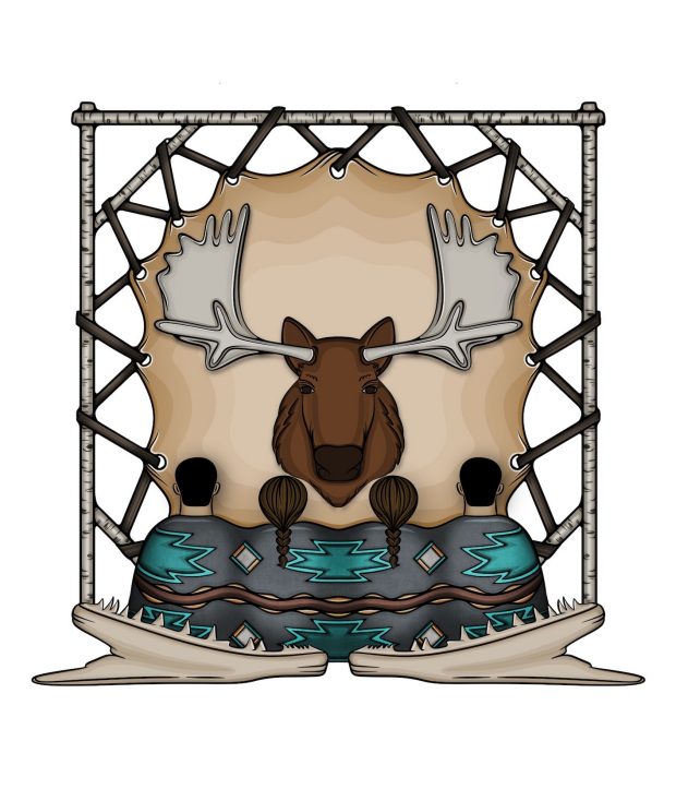 Logo graphic Tinakiwin showing an illustration of four Indigenous people seated in a row in from of illustrated Moose head with antlers. 