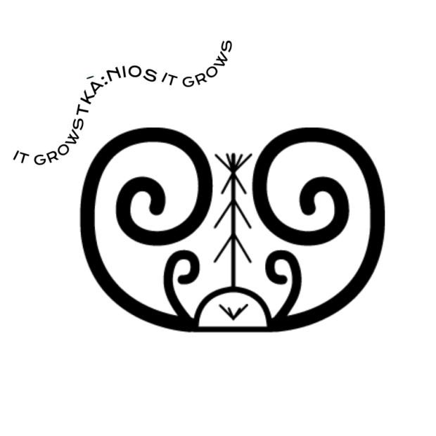 Tkà:nios – It Grows showing a graphic design of an open, horizontal semicircle with the end is of the lines on both the right and left side looping. In the middle at the base of the semicircle is an illustration of a plant stem growing out of the bottom surrounded by a base and two more small stems on both the right and left side. Text, Logo of Tkà:nios – It Grows, shown at the top left side in a swirling form.