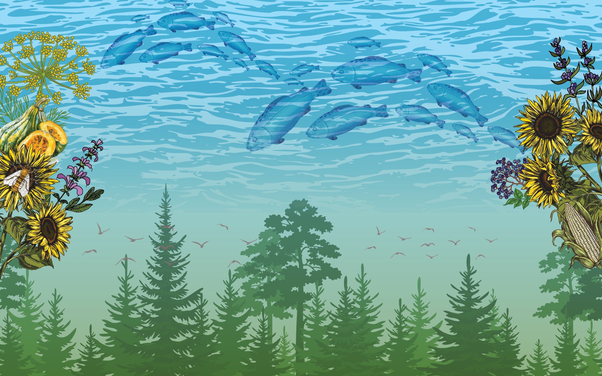 Mixed artwork with bluewater and fish, wilddflowers, insects and green forest treeline