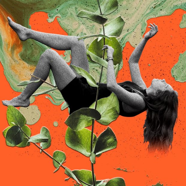 Collage of a woman falling in vertigo, with a climbing plant reaching to support her. 