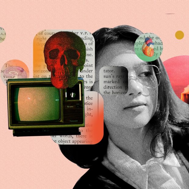 Collage of a woman, vintage TV, red-lit skull, anatomical drawings of a heart and brain, and rounded square shapes with portions of English text. 