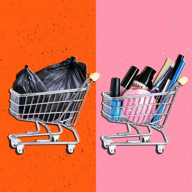 Collage of a shopping cart full of trash bags on the left half, and a shopping cart full of giant make-up products on the right half.