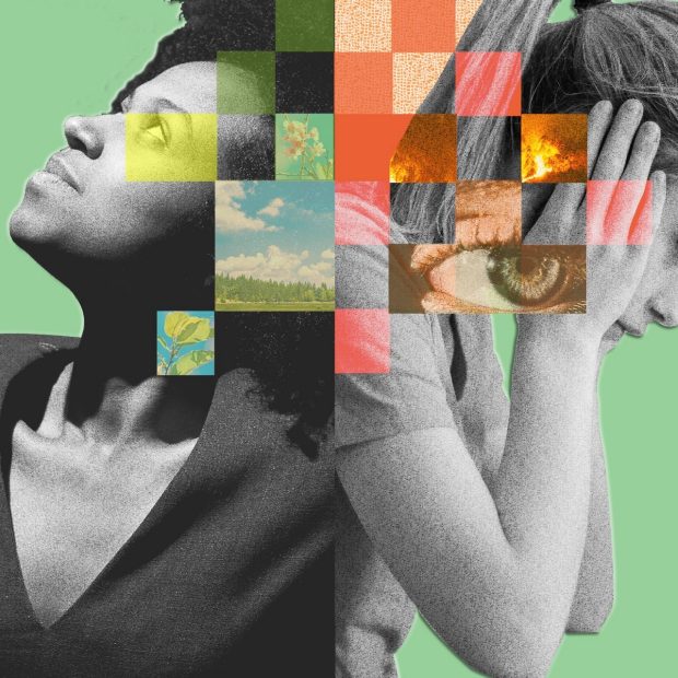 Collage of a woman covering her ears with her hands overlain with a wildfire and human eye. Another woman is looking up hopefully, overlapped with the image of a seedling. 