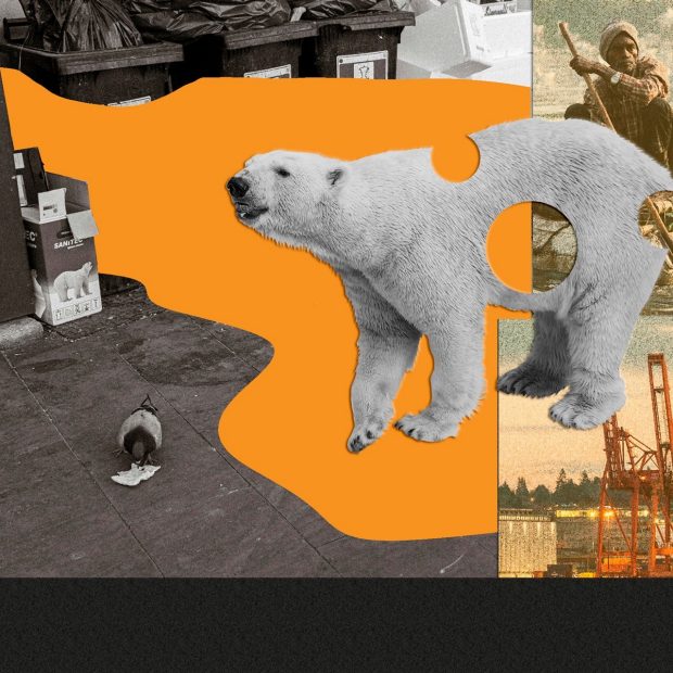 Collage of a punctured polar bear amidst a back alley with trash bins and cranes for loading shipping containers.  