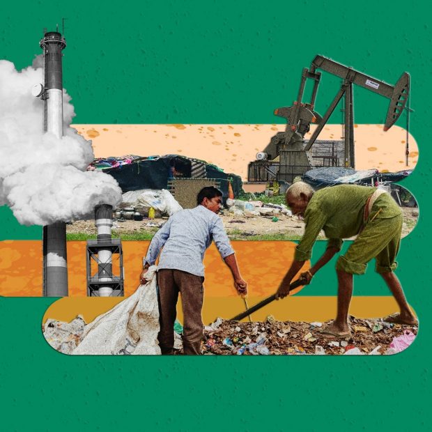 Collage of improvised shacks, an oil derrick pump, a smokestack and two Brown men sorting through discards in a landfill. 