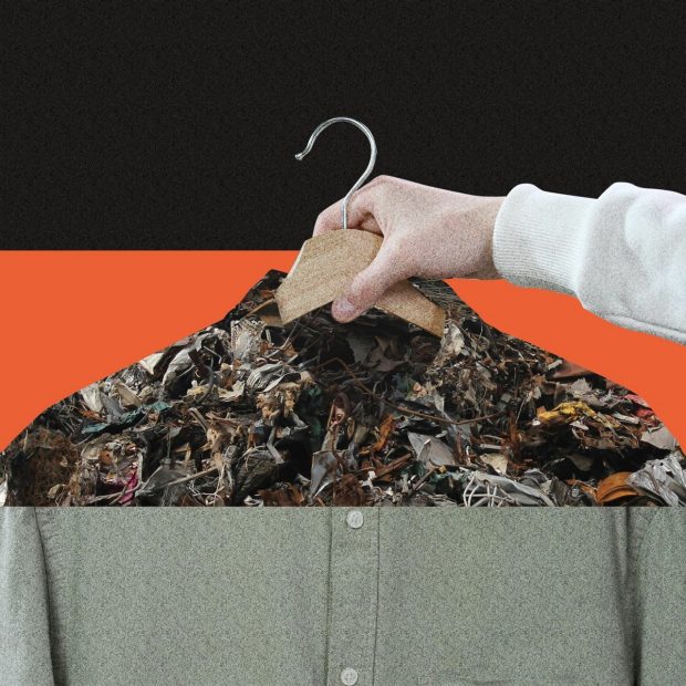 Collage of a hand holding up a clothes hanger with a button-down shirt that is partly composed of a landfill. 