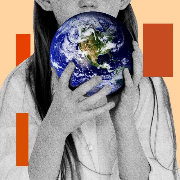 Collage of a child holding the Earth in front of their lips. 