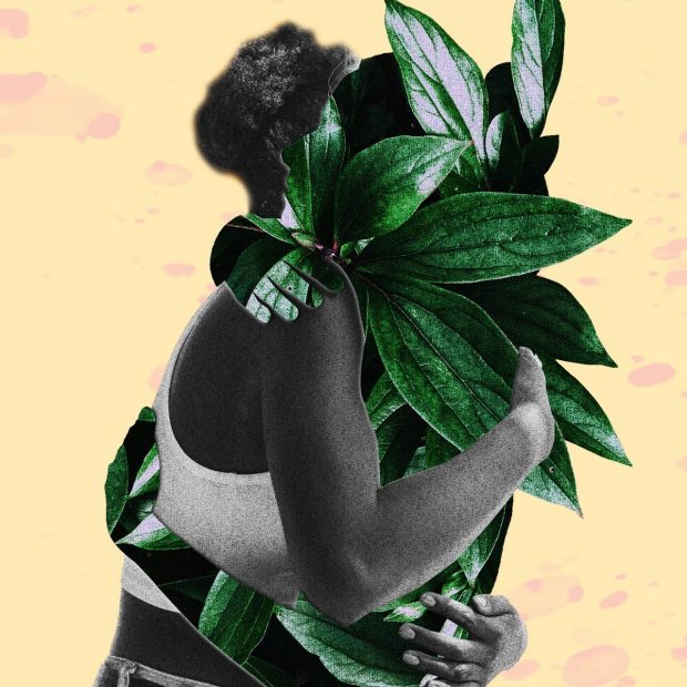 Collage of a Black person wearing a white tank top hugging a plant as a human-shaped silhouette. 