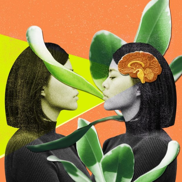 Collage of an Asian woman surrounded by green leaves looking face-to-face at a projection of herself. 