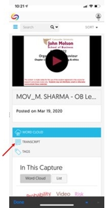 transcript The YUja video interface is displayed with an arrow pointing to the Transcript link