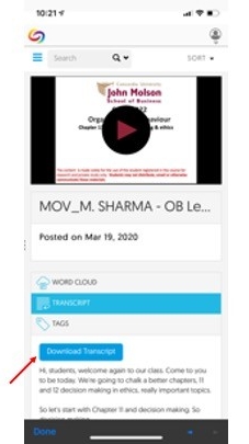 Download transcript The YUja video interface is displayed with an arrow pointing to the Download button