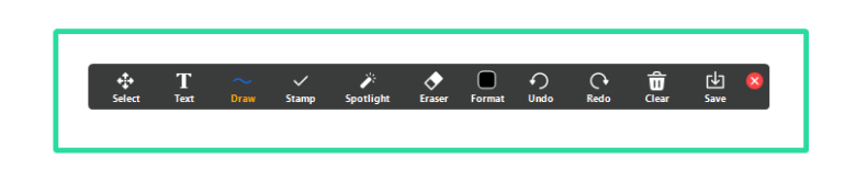A screenshot of Zoom's anotation tools bar: select, text, draw, stamp, spotlight, eraser, format, undo, redo, clear, save