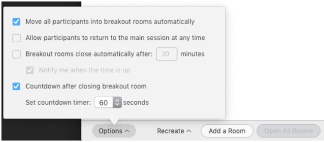 Screenshot of a notification window saying the breakout room is ending in 60 seconds