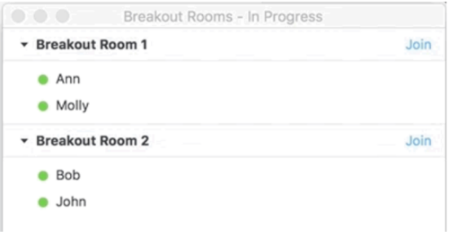 The breakout rooms in progress pop-up window is displayed showing the names of students in two breakout rooms