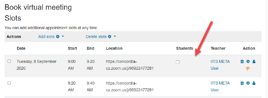 Screenshot showing a student booked a time slot under student tab.