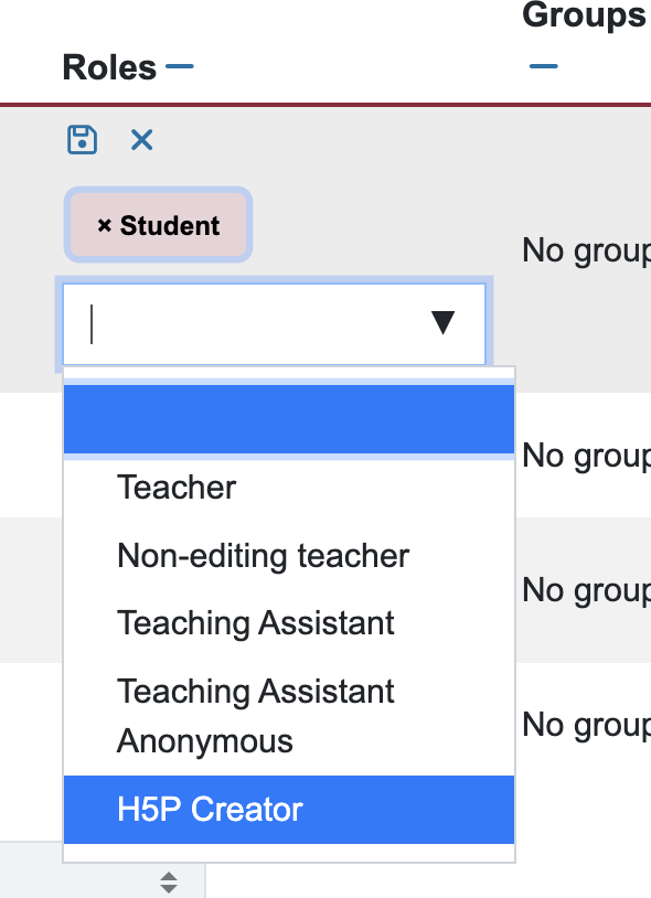 Image screenshot of Moodle interface showing different "Group Roles" and "Student" in a blue and white black lettered dropdown menu indicated choices for role change of students to H5P Creator 
