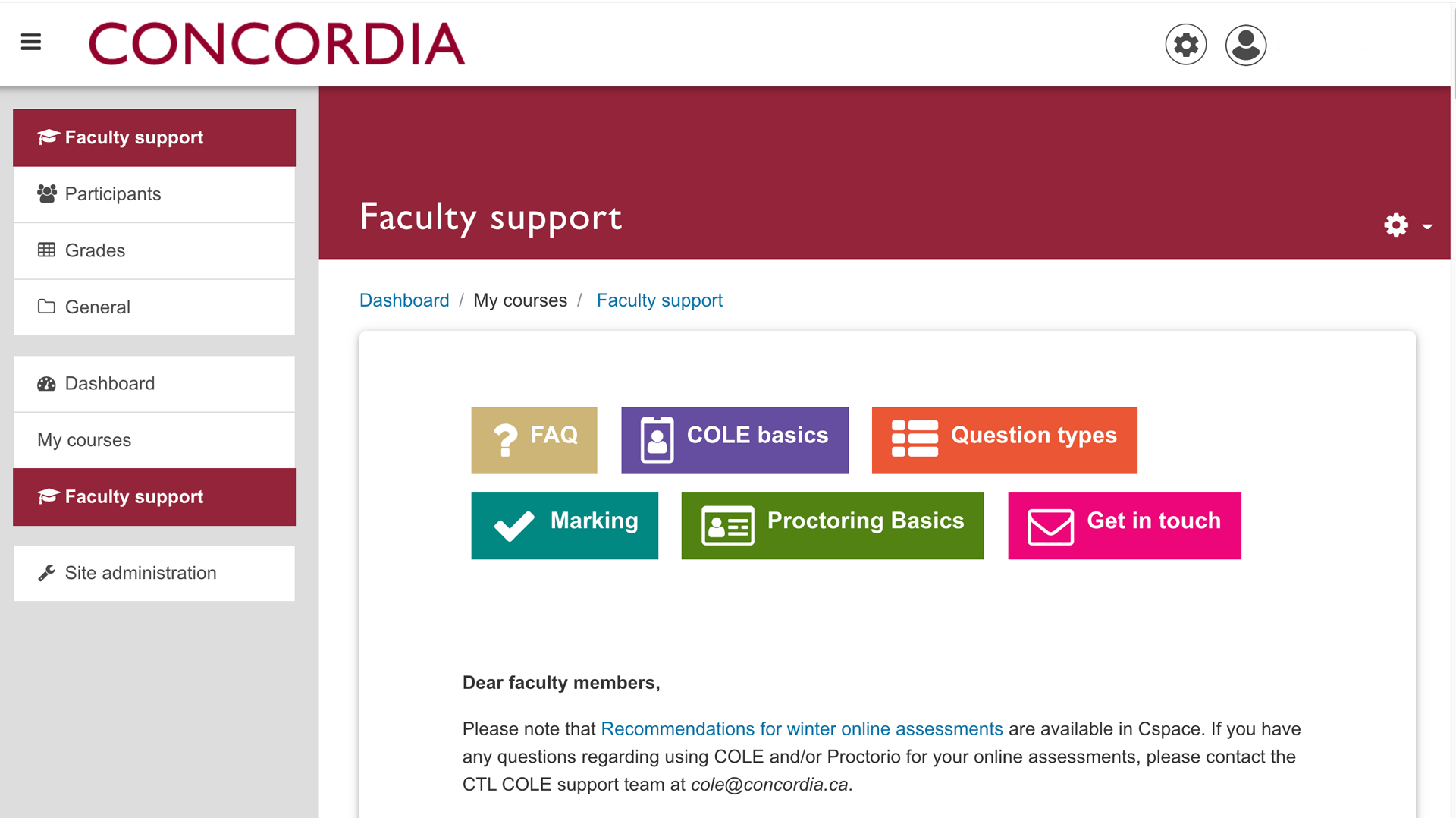 In the COLE menu, we see the following options: FAQ, COLE Basics, question types, marking, proctoring basics and get in touch