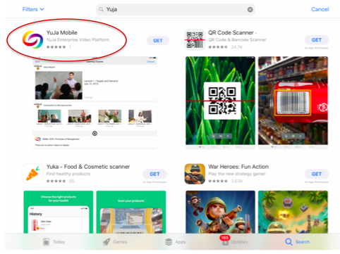 A YuJa search of the iOS app store reveals a number of apps. the YuJa mobile app is circled/