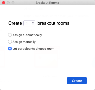 the create breakout rooms window is displayed with the options to: assign automatically, assign manually or let participants choose room